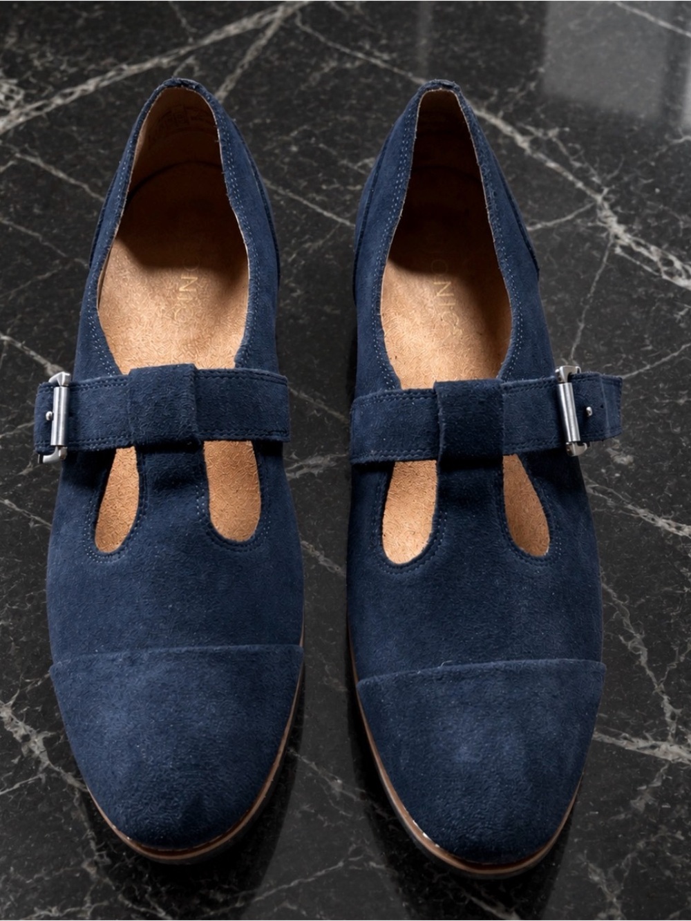 Elegant Navy Suede T-Strap Flats with Buckle